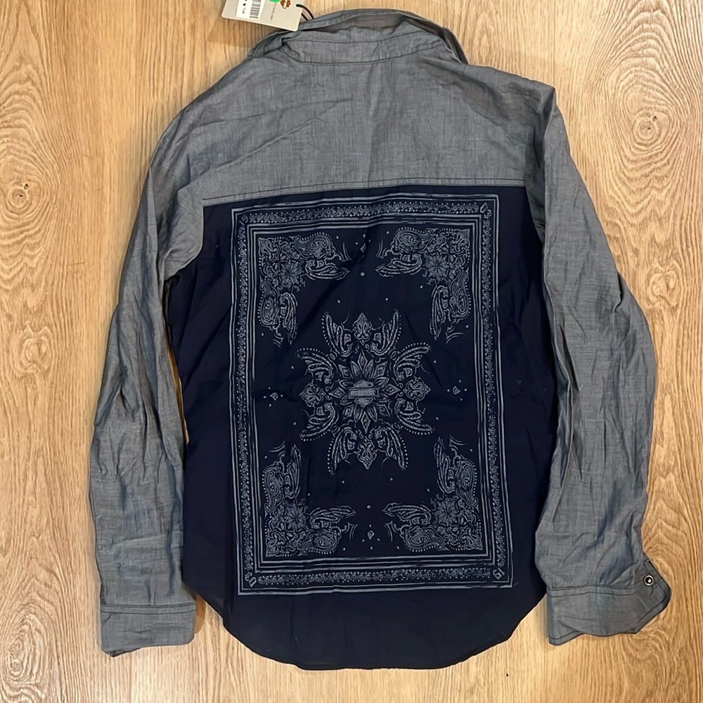Harley Davidson Shirt Denim Snap Button Long Sleeve Pockets Bandana Size Small